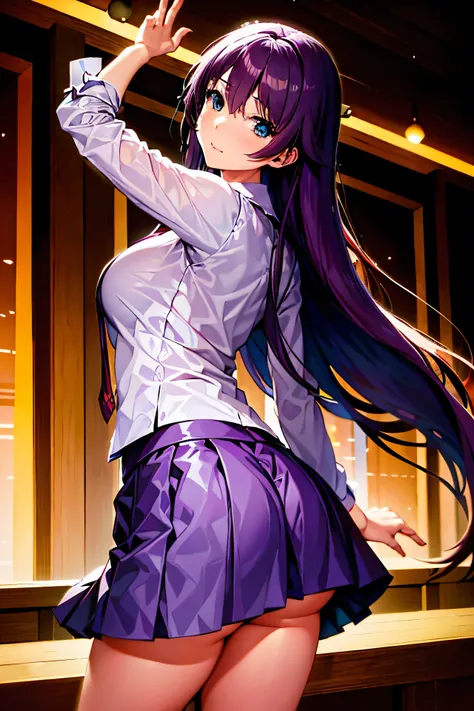 1 girl,,Temptation of Emoji,senjougahara hitagi, alone, upper limbs, skirt, long hair, Naoetsu High School , blue eyes, juliet sleeves, , purple hair, shirt, zettai ryouiki, medium breasts, とてもlong hair, 紫のskirt, ミニskirt,Dancing in a nightclub,(full body p...