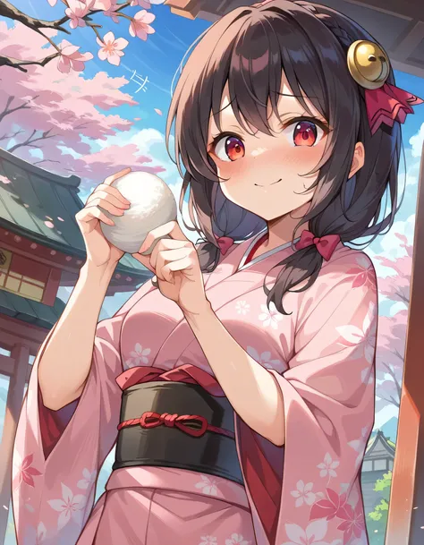 high image quality,high quality of wavy lines、
Yunyun、 (One person)、black hair, hair accessories, red eyes, pink floral printed kimono、See viewer、(blush:1.2),blue sky、cherry blossoms、(embarrassed smile)、(shrine)、holding rice ball、I'm trying to eat with ...