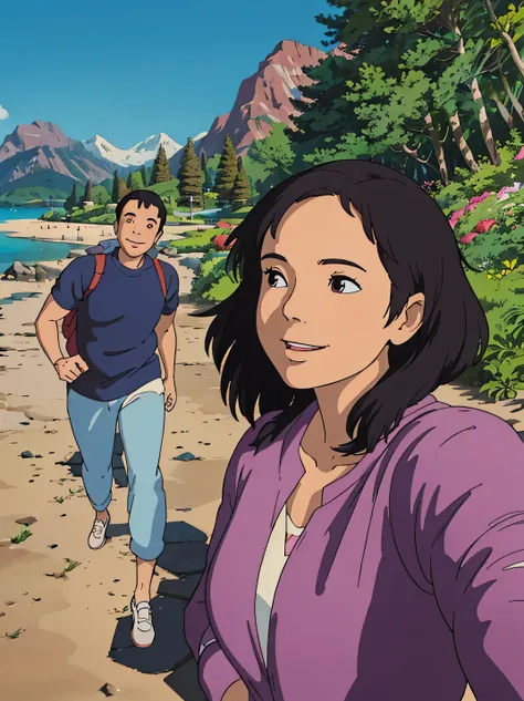 smiling woman and man walking on a path near a body of water, 8k selfie photograph, profile picture, vacation photo, profile pic, park in background, with a park in the background, profile image, tyler edlin and natasha tan, standing near the beach, avatar...