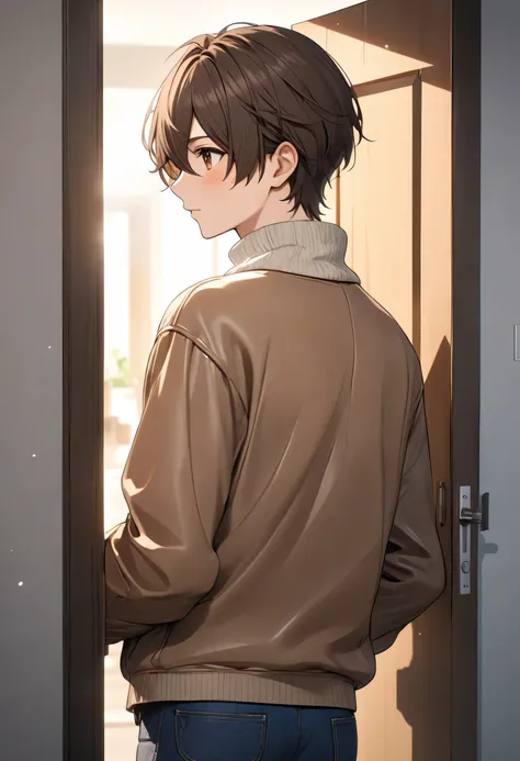 ((Masterpiece, better quality, High resolution, UHD, perfect pixels, depth of field, 4k, RTX, hdr))), A 17-year-old boy , alone, half body, art style, anime character style hairstyle, ((serene look, short hair on the sides, dark brown, separated from the ...