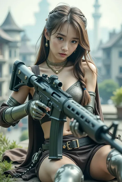 (8k, Top Quality Conversation , masterpiece), ( exists , photo exists : 1.37), very well detailed , { Sylvan Witch with an M60 machine gun }, Wide angle , chest shaking a lot , Very delicate...
