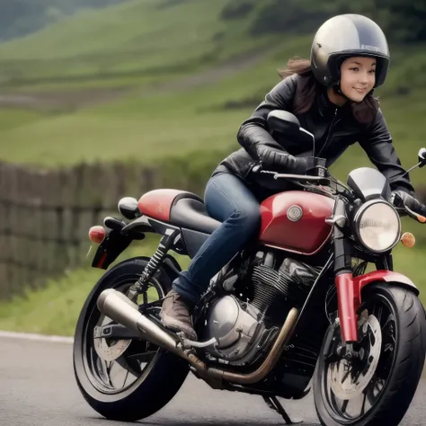 (A young female rider speeds along on a motorcycle)、Vintage Bikes、Bluff Superior SS100、Isle of Man Races、Leather jumper、Cromwell helmet with goggles、After the Rain、English countryside、(Highest quality, masterpiece, High resolution)、8k、wallpaper,masterpiece...