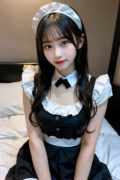 Sexy young japanese girl with long black hair and cute face, 20 years old, medium height, facing camera, seductive facial expression, lifting maid skirt to show lace black panties, wearing tight skimpy maid costume uniform, wearing french maid headband, de...