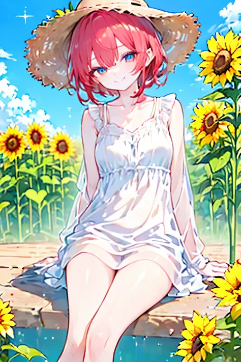 single age woman ,((bright red hair, short hair)), black eyes with sparkles,Beautiful Legs,((constricted,slender girl,small breasts in Mbini)),((dress,straw hat)), (( sunflower ,garden)),smile