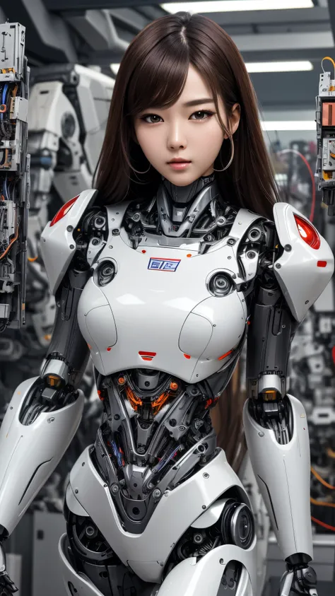masterpiece, top Quality, High Quality, top resolution, high resolution, ultra detailed, high detailed, Beautiful robot woman, Beautiful white Silky smooth face, extraordinary korean idol face, mixed face, glossy Wide mouth, long hair, robot armor, frame o...