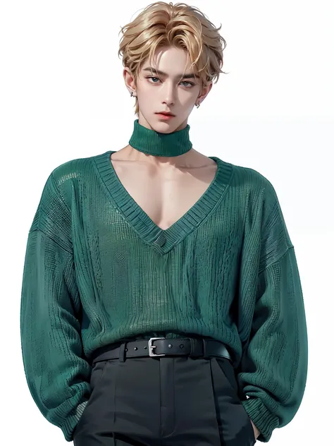 4k)) ((very high quality)) ((white background))Korean,  Штаны группы K-pop ,    Sonmin is a tall and slender young man, leather harness with soft features   ......  His hair is colored light brown .......,   , neckline that gives the look freshness and ori...