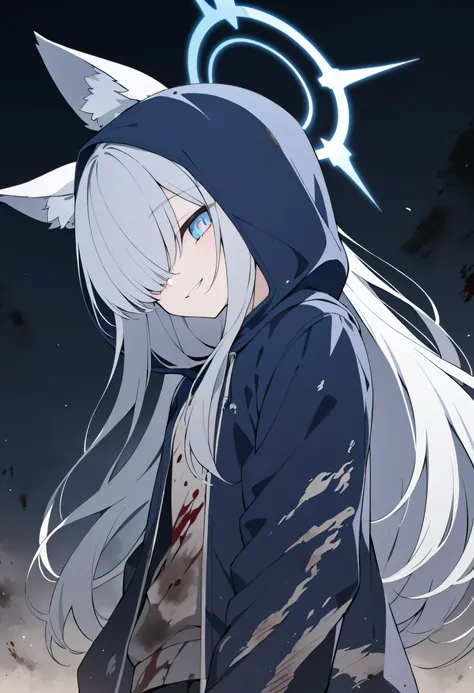long hair,Silver Hair, girl,Light blue halo, gray wolf ears,alone,night,blue pupil,night,dark blue jacket,dirty clothes(stained with blood),black sweatpants(Be covered with dust),Cover your right eye,wearing hood hood up,An evil smile, heads down,Cover on...
