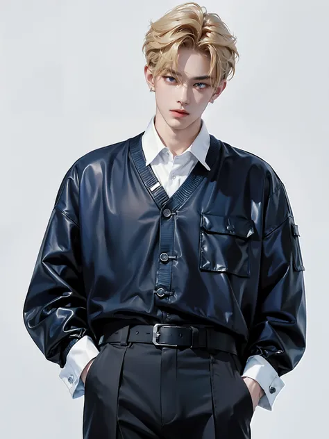 4k)) ((very high quality)) ((white background))Korean,  Штаны группы K-pop ,    Sonmin is a tall and slender young man, leather harness with soft features   ......  His hair is colored light brown .......,   , neckline that gives the look freshness and ori...