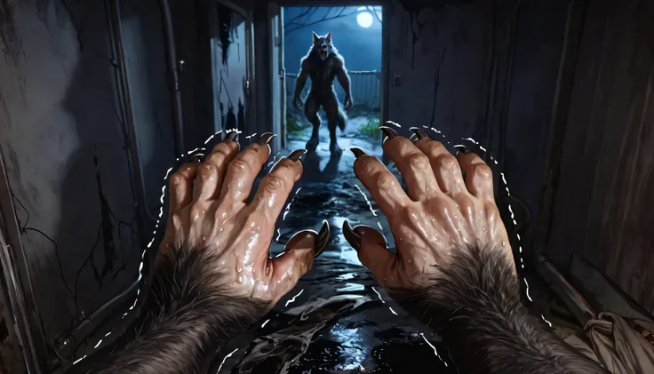 Pov, looking at own body, Werewolf:1.3, Werewolf transformation, body, morfing, paw:1.3, animal toes, grey thick fingers, claws, ((fur)), shaking:1.1, sweating, thick fingers, torn clothes, torn socks, deep night, ((darkness, dramatic moonlight, night)), a...