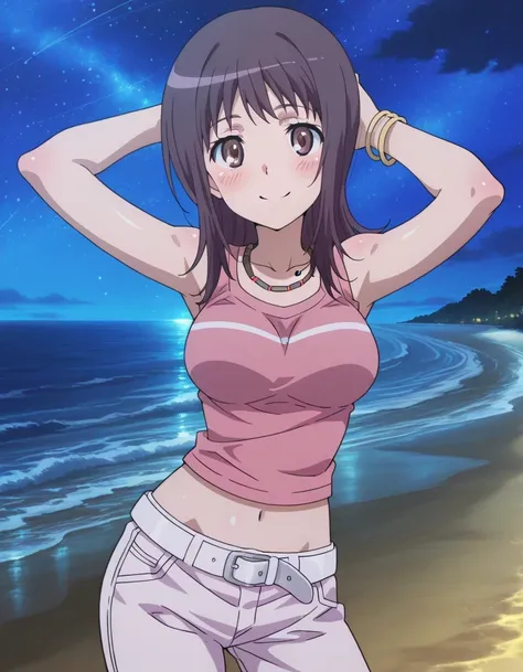 itsuwa, anime screencap, 
bracelet, shirt, sleeveless, sleeveless shirt, breasts, blush, medium hair, brown eyes, pink shirt, long hair, necklace, medium breasts, crop top, collarbone, white belt, Itsuwa pink shirt white pants (outfit), shiny skin, high qu...