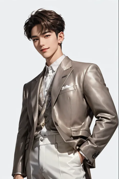 (((4k)) ((very high quality)) ((white background)) ((pants)) Korean, Участник группы K-pop, the man looks older and more serious, His appearance emphasizes his leadership status...... She has a short , neatly styled brown hair , with small strands of a s...