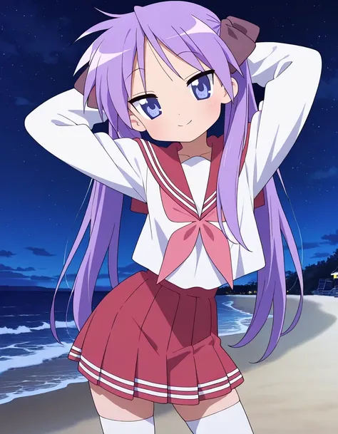 lskagami, purple hair ribbon, school uniform, sailor collar, red skirt, pink neckerchief, white thighhighs, anime screencap, high quality, solo, cowboy shot, (contrapposto), hands behind head, closed mouth, smile, night sky, beach, looking at viewer, best ...