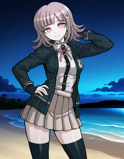 nanami chiaki, game screencap, hairclip, neck ribbon, pink ribbon, black hoodie, open hoodie, hood down, collared shirt, white shirt, two-tone shirt, long sleeves, shirt tucked in, pleated skirt, brown skirt, miniskirt, zettai ryouiki, black thighhighs, fl...