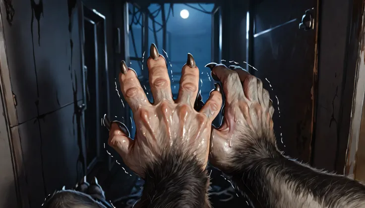 Pov, looking at own body, Werewolf:1.3, Werewolf transformation, body, morfing, paw:1.3, animal toes, grey thick fingers, claws, ((fur)), shaking:1.1, sweating, thick fingers, torn clothes, torn socks, deep night, ((darkness, dramatic moonlight, night)), a...