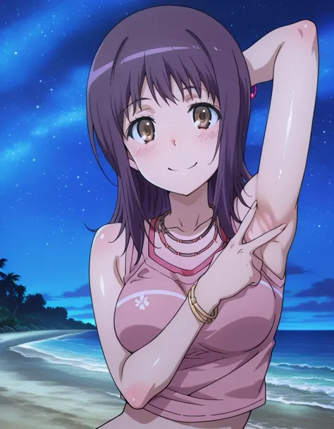 itsuwa, anime screencap,
bracelet, shirt, sleeveless, sleeveless shirt, breasts, blush, medium hair, brown eyes, pink shirt, long hair, necklace, medium breasts, crop top, collarbone, Itsuwa pink shirt (outfit), shiny skin, high quality, solo, upper body,...