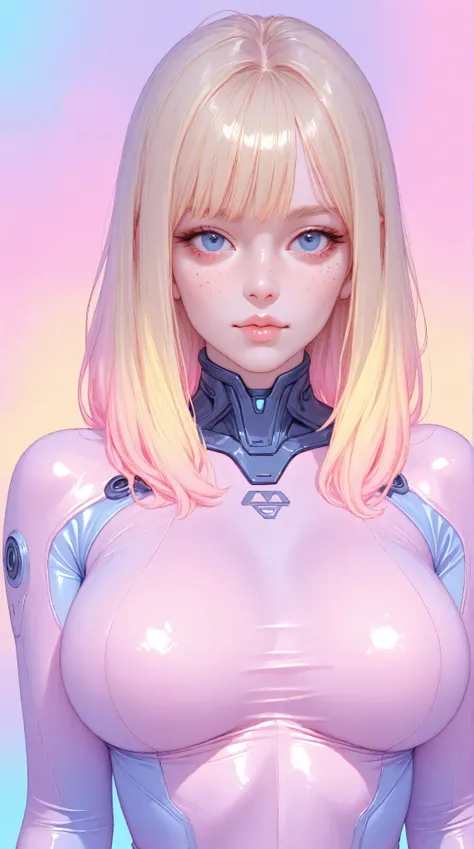 high-resolution, realistic, a woman, big breasts, blonde hair, freckles, blue eyes, skin-tight bodysuit, camel toe, pastel colors, futuristic, detailed eyes, shadows, dark light, looking at viewer, upper body, no background, colorful pastel background,