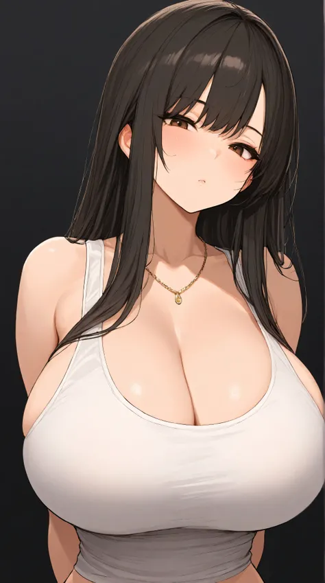 (best quality, 8K, 32k, masterpiece, huge breasts, long hair, Upper Body, tank top, necklace, black background, redhead, sexy, submissive, arms behind back, 