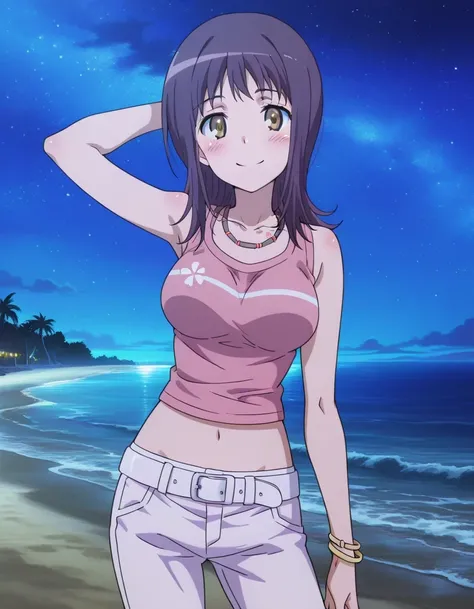 itsuwa, anime screencap, 
bracelet, shirt, sleeveless, sleeveless shirt, breasts, blush, medium hair, brown eyes, pink shirt, long hair, necklace, medium breasts, crop top, collarbone, white belt, Itsuwa pink shirt white pants (outfit), high quality, solo,...