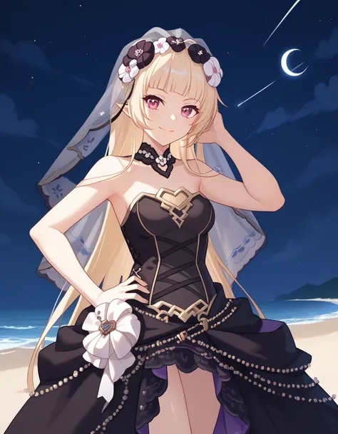 YukiCeremonial, blond hair, long hair, bare shoulders, black dress, bridal veil, black veil, hair flower, strapless dress, game screencap, shiny skin, high quality, solo, night sky, beach, (((hand behind head, hand on hip))), ((contrapposto)), closed mouth...