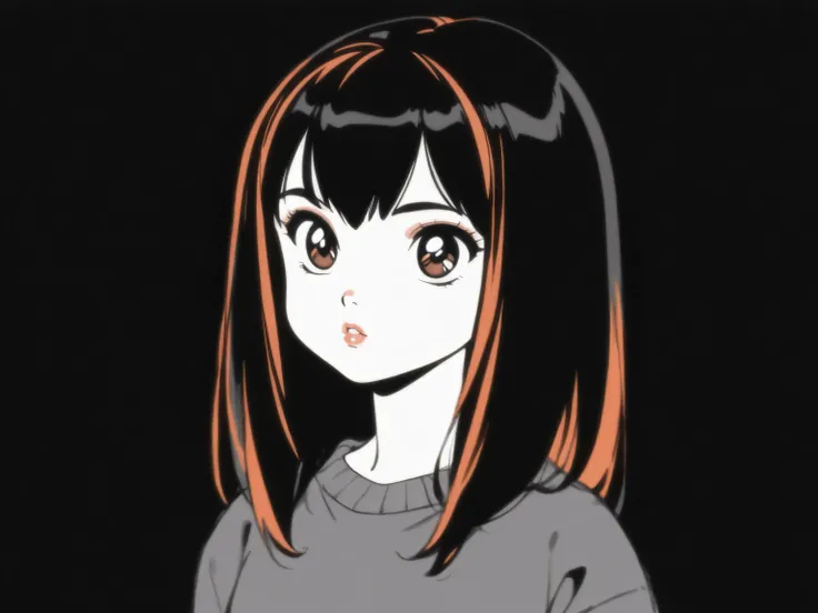 (highest quality, sketch:1.2), Dark monochrome background, anime,Illustrator,anime,1 girl, Detailed lips,sweater,custom,background completely black, Neon Hair,Texture Cropping,Canadian, masterpiece, Style: Retro Classic, Dark Black, art, black background, 
