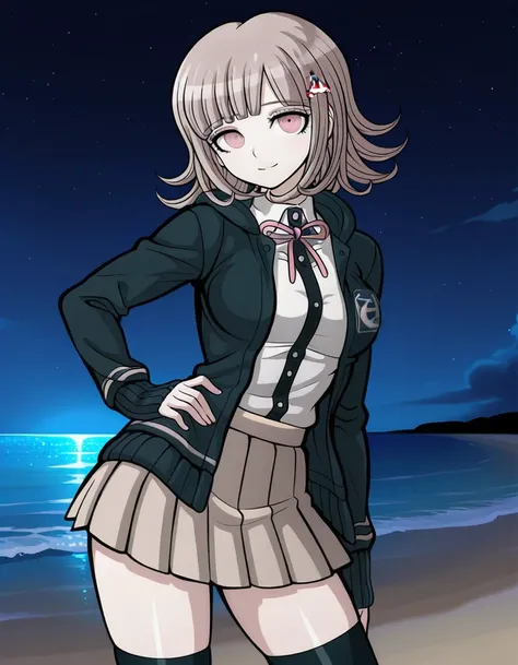 nanami chiaki, game screencap, hairclip, neck ribbon, pink ribbon, black hoodie, open hoodie, hood down, collared shirt, white shirt, two-tone shirt, long sleeves, shirt tucked in, pleated skirt, brown skirt, miniskirt, zettai ryouiki, black thighhighs, fl...