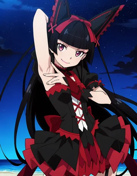 Rory Mercury, anime screencap, masterpiece, best quality, 1girl, solo, closed mouth, smile, hime cut, long hair, blunt bangs, black hair, multicolored eyes, lips, hair bow, multicolored dress, red necktie, sleeveless, ribbon trim, frilled skirt, shiny skin...