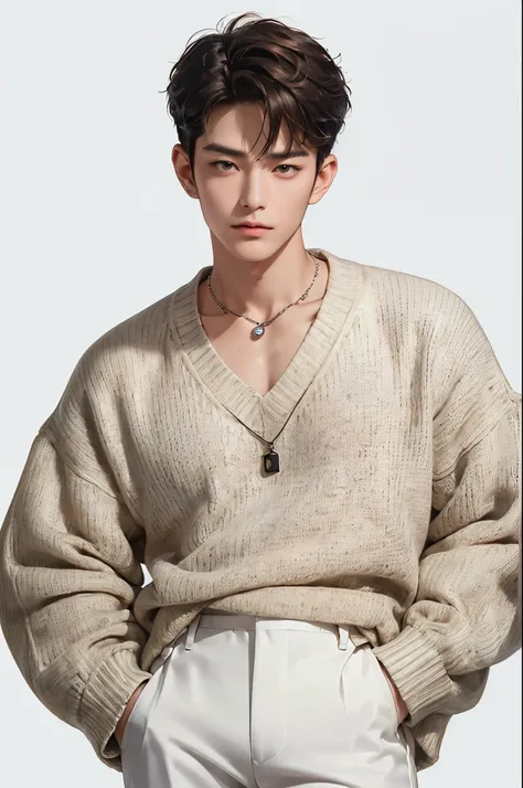 (((4k)) ((very high quality)) ((white background)) (( pants )) Korean, bit of dynamism. His, the man looks older и more serious, Appearance underlines his leadership status...... She has a short , neatly styled brown hair , with small strиs of a slightly...