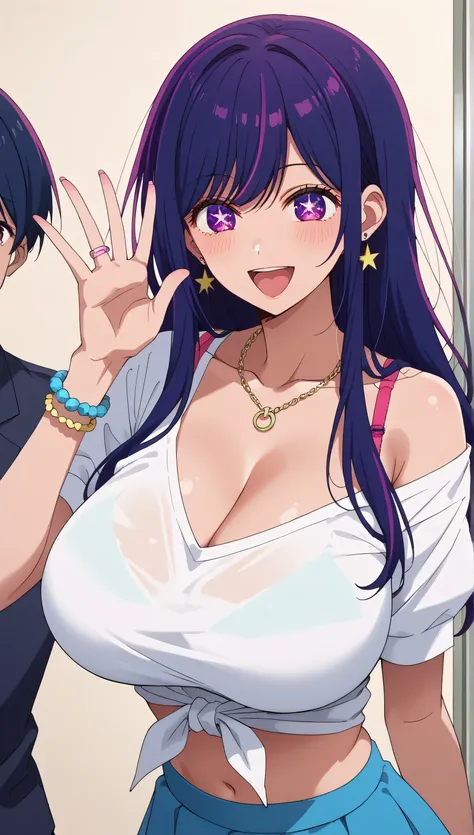 SimplePositiveXLv2, ai hoshino, long hair, bangs, purple eyes, purple hair, symbol-shaped pupils, score_9, score_8_up, score_7_up, source_anime, masterpiece,best quality, huge breasts, off shoulder shirt, tied shirt, blue skirt, flashy gyaru, happy, showy,...