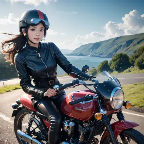 (A young female rider speeds along on a motorcycle)、Vintage Bikes、Bluff Superior SS100、Isle of Man Races、Leather jumper、Cromwell helmet with goggles、After the Rain、English countryside、(Highest quality, masterpiece, High resolution)、8k、wallpaper,masterpiece...