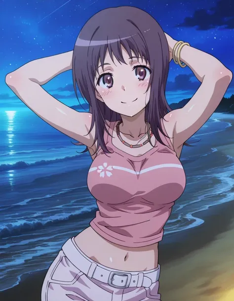 itsuwa, anime coloring, anime screencap, 
bracelet, shirt, sleeveless, sleeveless shirt, breasts, blush, medium hair, brown eyes, pink shirt, long hair, necklace, medium breasts, crop top, collarbone, white belt, Itsuwa pink shirt white pants (outfit), shi...