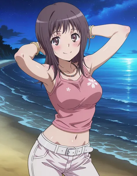 itsuwa, anime coloring, anime screencap, 
bracelet, shirt, sleeveless, sleeveless shirt, breasts, blush, medium hair, brown eyes, pink shirt, long hair, necklace, medium breasts, crop top, collarbone, white belt, Itsuwa pink shirt white pants (outfit), shi...