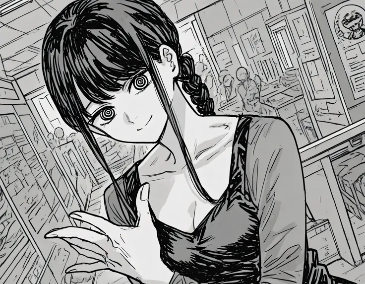 score_9, score_8_arriba, score_7_arriba,   source  _anime,
hands, hands, Long Hair, smile, hits,  braid,  braided ponytail, ringed eyes,  monochrome, grayscale,
Skin Kamen Rider, without helmet, very open neckline, sexy lady,
indoors, office, smile, inclin...
