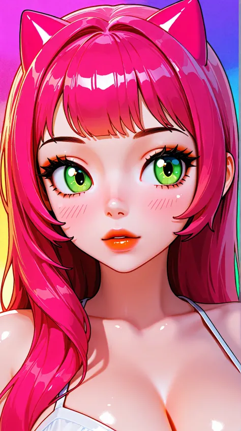 sexy kitty, big breasts, korean girl, cleavage, no background, colorful background, shiny skin, upper body, portrait, 