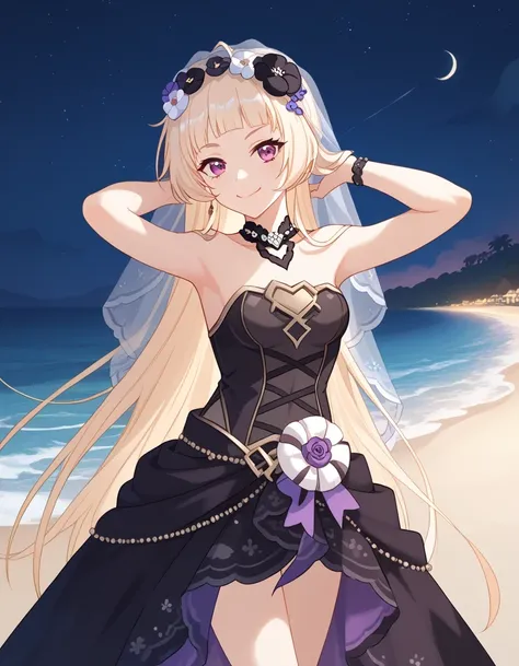 YukiCeremonial, blond hair, long hair, bare shoulders, black dress, bridal veil, black veil, hair flower, strapless dress, game screencap, shiny skin, high quality, solo, night sky, beach, ((hands behind head)), ((contrapposto)), closed mouth, cowboy shot,...