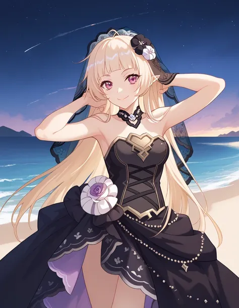 YukiCeremonial, blond hair, long hair, bare shoulders, black dress, bridal veil, black veil, hair flower, strapless dress, game screencap, shiny skin, high quality, solo, night sky, beach, ((hands behind head)), ((contrapposto)), closed mouth, cowboy shot,...