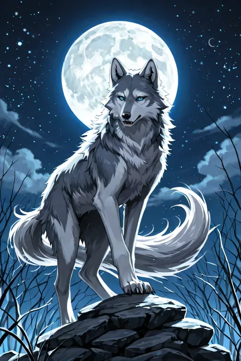 animal,Wolf, long tail,blue eyes,Moon background ,Silver, night
