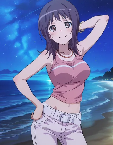 itsuwa, anime screencap, 
bracelet, shirt, sleeveless, sleeveless shirt, breasts, blush, medium hair, brown eyes, pink shirt, long hair, necklace, medium breasts, crop top, collarbone, white belt, Itsuwa pink shirt white pants (outfit), high quality, solo,...