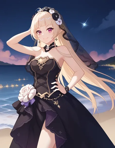 YukiCeremonial, blond hair, long hair, bare shoulders, black dress, bridal veil, black veil, hair flower, strapless dress, game screencap, shiny skin, high quality, solo, night sky, beach, (((hand behind head, hand on hip))), ((contrapposto)), closed mouth...