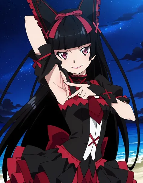 Rory Mercury, anime screencap, masterpiece, best quality, 1girl, solo, closed mouth, smile, hime cut, long hair, blunt bangs, black hair, multicolored eyes, lips, hair bow, multicolored dress, red necktie, sleeveless, ribbon trim, frilled skirt, shiny skin...