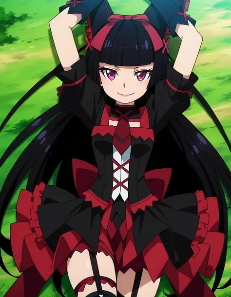 Rory Mercury, anime screencap, masterpiece, best quality,
1girl, solo, closed mouth, smile,
hime cut, long hair, blunt bangs, black hair, multicolored eyes, lips,
hair bow,
multicolored dress, frilled dress, cross-laced dress, red necktie, puffy short slee...