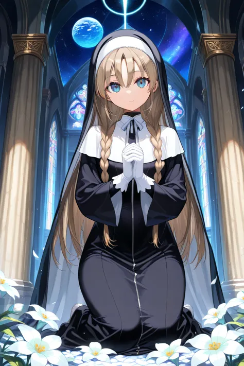 masterpiece, top quality, one woman, solo, long hair, flowers,  brown hair, nun, nun's robes, white capelet, neck ribbon, (black dress:1.2), stars \(sky\), long sleeves, white gloves, full length zipper, petals, white flowers, clasping own hands, starry sk...