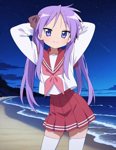 lskagami, purple hair ribbon, school uniform, sailor collar, red skirt, pink neckerchief, white thighhighs, anime screencap, high quality, solo, cowboy shot, (contrapposto), hands behind head, closed mouth, smile, night sky, beach, looking at viewer, best ...