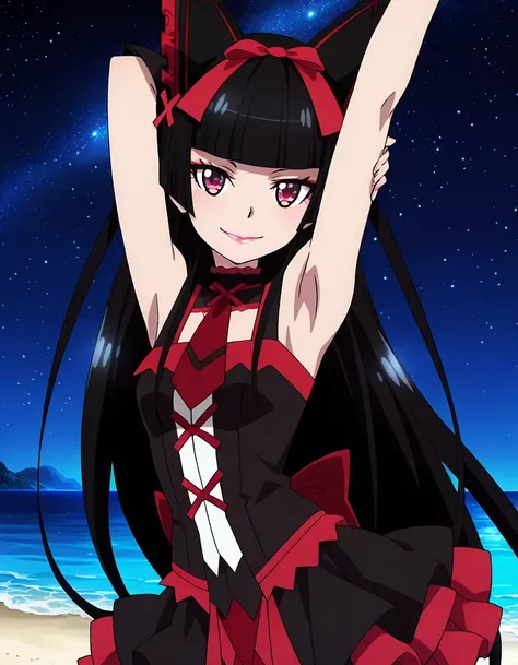 Rory Mercury, anime screencap, masterpiece, best quality, 1girl, solo, closed mouth, smile, hime cut, long hair, blunt bangs, black hair, multicolored eyes, lips, hair bow, red necktie, sleeveless, ribbon trim, frilled skirt, shiny skin, high quality, solo...