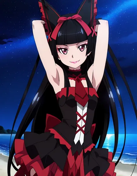 Rory Mercury, anime screencap, masterpiece, best quality, 1girl, solo, closed mouth, smile, hime cut, long hair, blunt bangs, black hair, multicolored eyes, lips, hair bow, red necktie, sleeveless, ribbon trim, frilled skirt, shiny skin, high quality, solo...