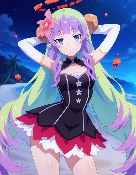 anime screencap, masterpiece, drill sidelocks, blunt bangs, multicolored hair, very long hair, blue eyes, red pupils, pointy ears, hair flower, hair ornament, broken halo, bare shoulders, black dress, cleavage cutout, elbow gloves, layered skirt, shiny ski...
