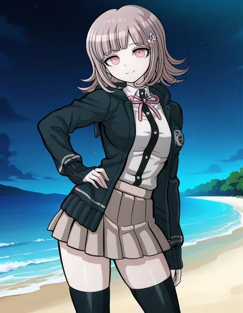 nanami chiaki, game screencap, hairclip, neck ribbon, pink ribbon, black hoodie, open hoodie, hood down, collared shirt, white shirt, two-tone shirt, long sleeves, shirt tucked in, pleated skirt, brown skirt, miniskirt, zettai ryouiki, black thighhighs, fl...