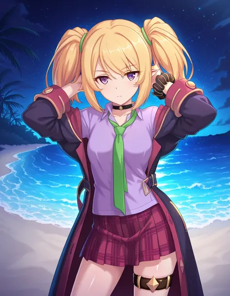 chloePCR, blonde hair, shirt, long sleeves,twintails, purple eyes, sidelocks, pleated skirt, open clothes, pointy ears, collared shirt, miniskirt, off shoulder, thigh strap, red skirt, black choker, plaid skirt, purple shirt,black coat, wrist scrunchie, gr...