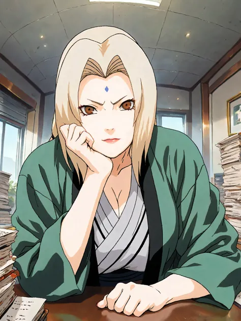 1girl, solo, tsunade, beautiful woman, mature woman, green haori, brown eyes, highly detailed eyes, expressive eyes, natural eye shape, iris with visible details, anatomically correct, super detailed, high details, intricate details, accurate, dynamic angl...