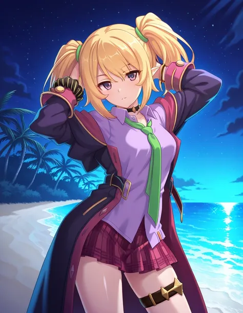 chloePCR, blonde hair, shirt, long sleeves,twintails, purple eyes, sidelocks, pleated skirt, open clothes, pointy ears, collared shirt, miniskirt, off shoulder, thigh strap, red skirt, black choker, plaid skirt, purple shirt,black coat, wrist scrunchie, gr...