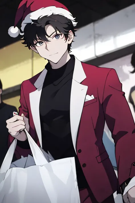 Neutral. Scarlett's face. guy. 24 years old. young man. Dong Wook's body. Dong Wook's face shape. white shirt. burgundy suit. Santa's hat. Santa's gift bag. Full gift bag. Carrying it back. black t-shirt with red suit